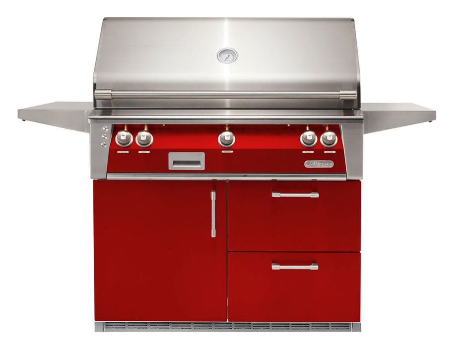 Alfresco ALXE 42-IncAlfresco ALXE 42-Inch Freestanding Grill On Refrigerated Cart With Sear Zone And Rotisserie in Carmine Red - ALXE-42SZRFG-S3002
