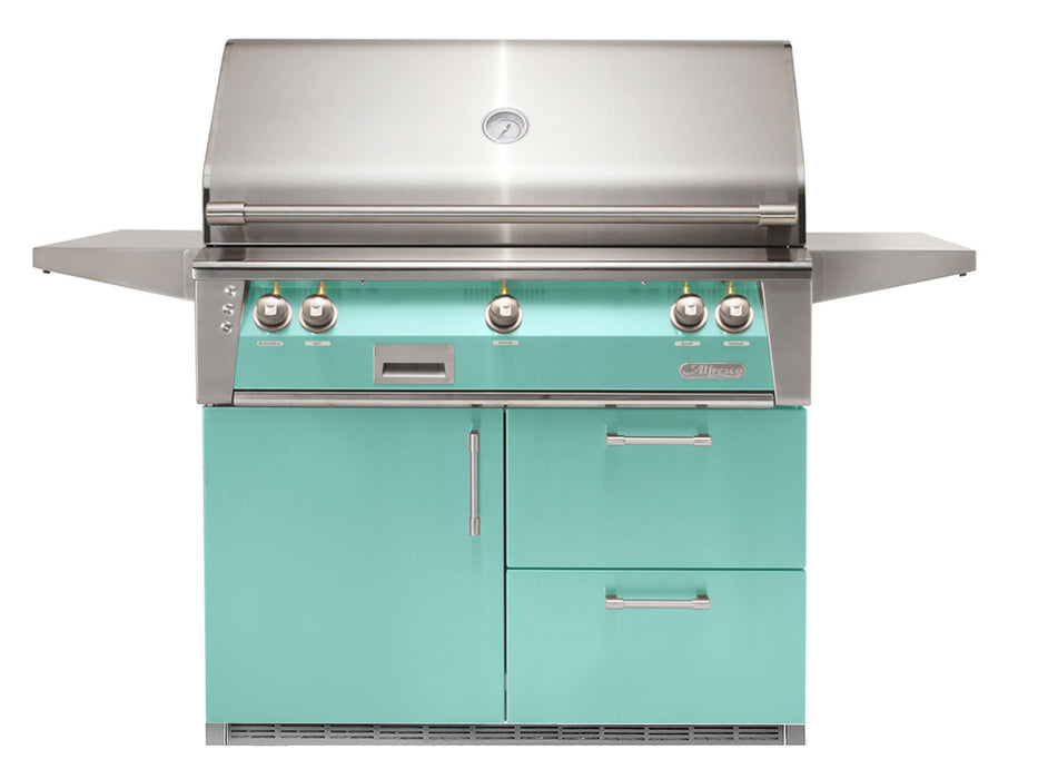 Alfresco ALXE 42-Inch Freestanding Grill On Refrigerated Cart With Rotisserie in Light Green - ALXE-42RFG-S6027