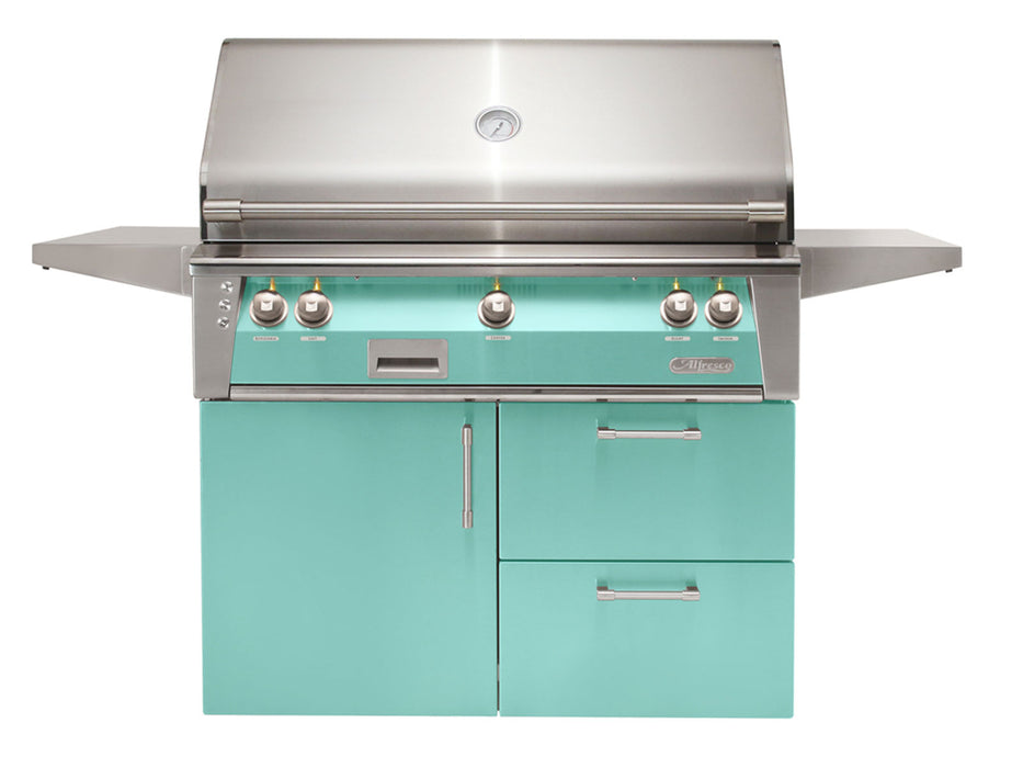 Alfresco ALXE 42-Inch Freestanding Grill On Deluxe Cart With Rotisserie in Light Green - ALXE-42CD-S6027