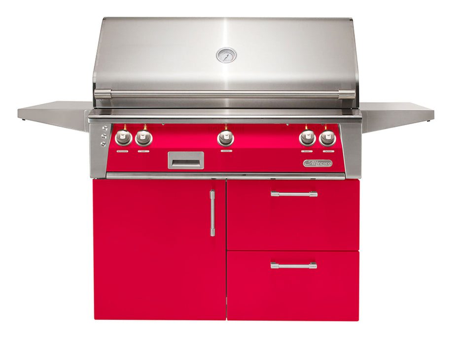 Alfresco ALXE 42-Inch Freestanding Grill On Deluxe Cart With Rotisserie in Raspberry Red - ALXE-42CD-S3027