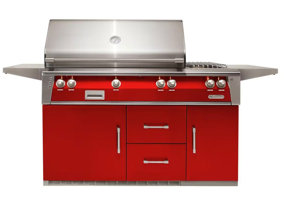 Alfresco ALXE 56-Inch Freestanding Deluxe Grill On Refrigerated Cart With Rotisserie And Side Burner in Carmine Red - ALXE-56R-S3002
