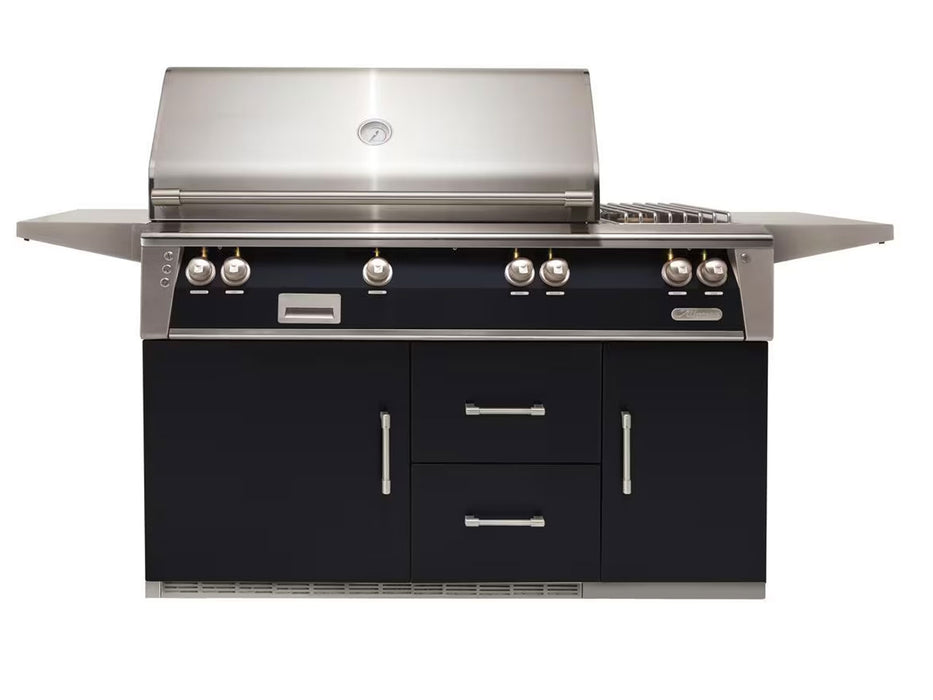 Alfresco ALXE 56-Inch Freestanding Deluxe Grill On Refrigerated Cart With Rotisserie And Side Burner in Jet Black Gloss - ALXE-56R-S9005