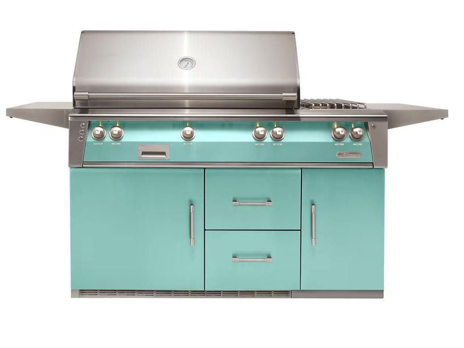 Alfresco ALXE 56-Inch Freestanding Deluxe Grill On Refrigerated Cart With Rotisserie And Side Burner in Light Green - ALXE-56R-S6027