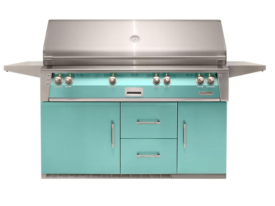 Alfresco ALXE 56-Inch Freestanding All Grill On Refrigerated Cart With Sear Zone And Rotisserie in Light Green - ALXE-56BFGR-S6027