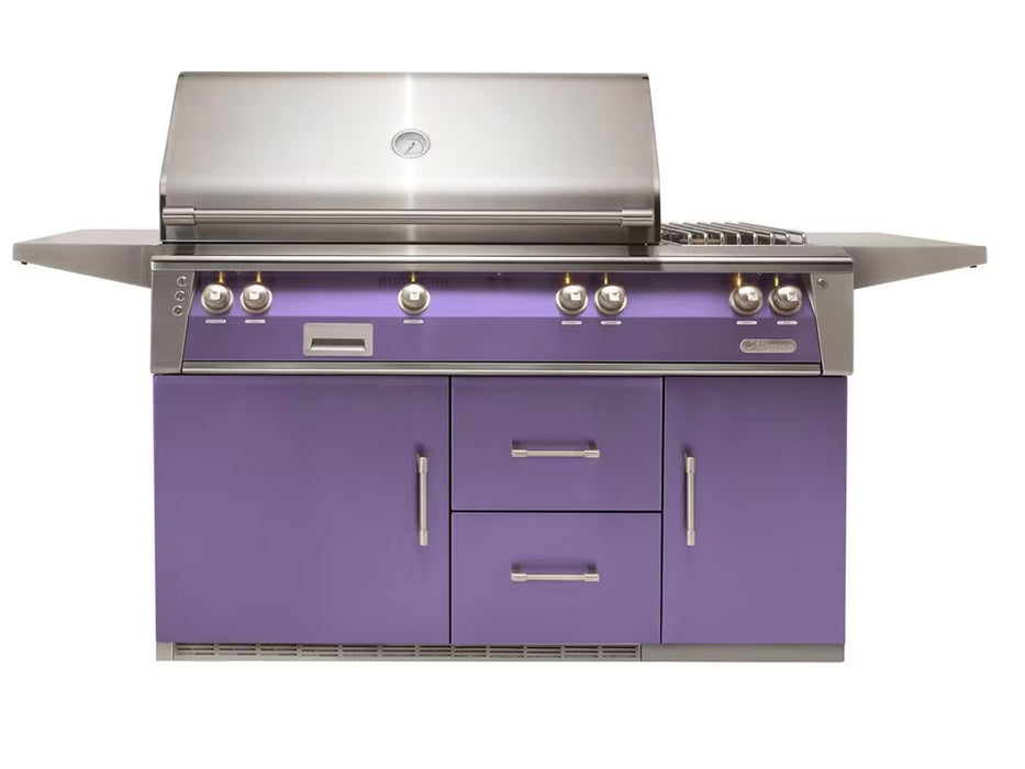 Alfresco ALXE 56-Inch Freestanding Deluxe Grill On Refrigerated Cart With Rotisserie And Side Burner in Lilac Blue - ALXE-56R-S4005