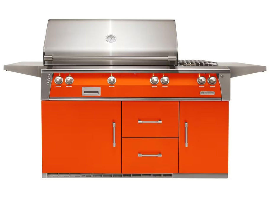 Alfresco ALXE 56-Inch Freestanding Deluxe Grill On Refrigerated Cart With Sear Zone, Rotisserie, And Side Burner in Luminous Orange- ALXE-56SZR-S2005
