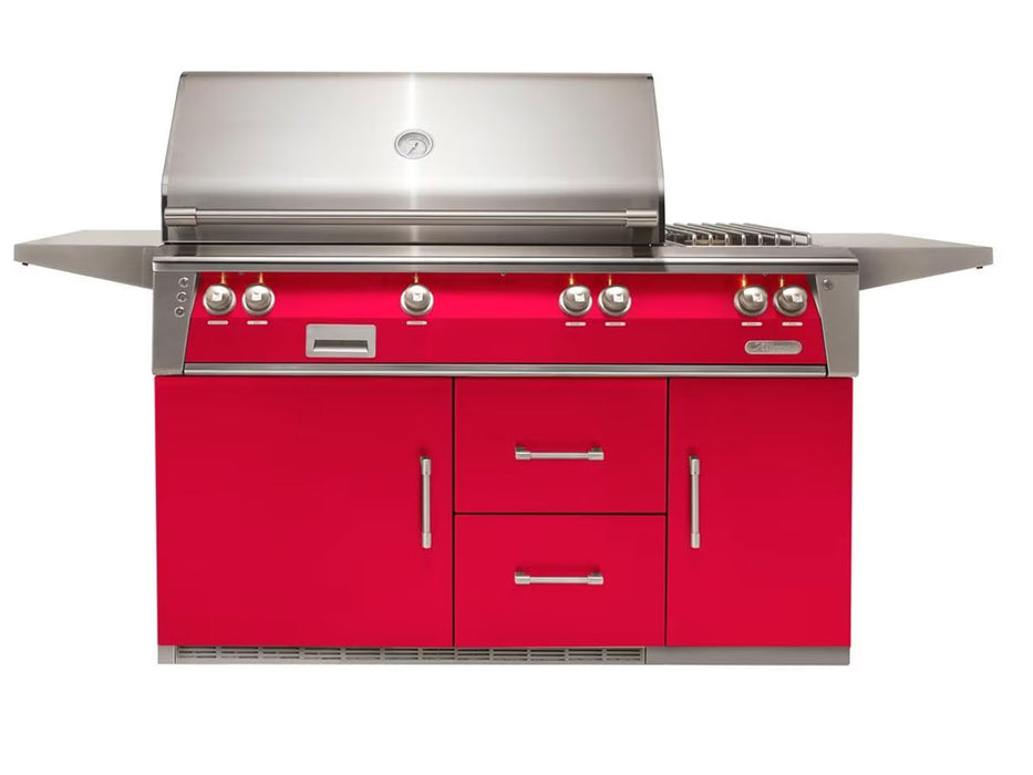 Alfresco ALXE 56-Inch Freestanding Deluxe Grill On Refrigerated Cart With Rotisserie And Side Burner in Raspberry Red - ALXE-56R-S3027