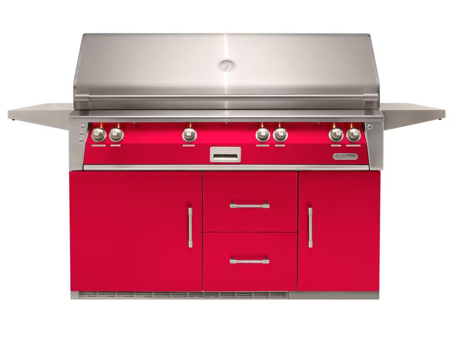 Alfresco ALXE 56-Inch Freestanding All Grill On Refrigerated Cart With Sear Zone And Rotisserie in Raspberry Red - ALXE-56BFGR-S3027