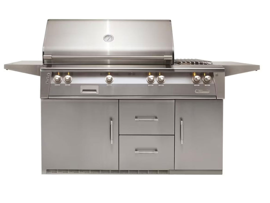 Alfresco ALXE 56-Inch Freestanding Deluxe Grill On Refrigerated Cart With Rotisserie And Side Burner in Signal Grey - ALXE-56R-S7004