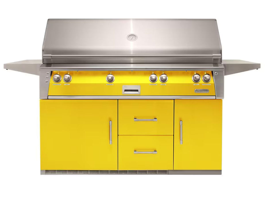 Alfresco ALXE 56-Inch Freestanding All Grill On Refrigerated Cart With Sear Zone And Rotisserie in Traffic Yellow - ALXE-56BFGR-S1023