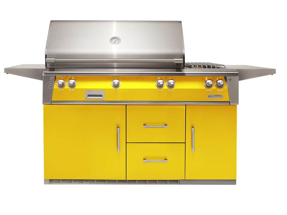 Alfresco ALXE 56-Inch Freestanding Deluxe Grill On Refrigerated Cart With Rotisserie And Side Burner in Traffic Yellow- ALXE-56R-S1023