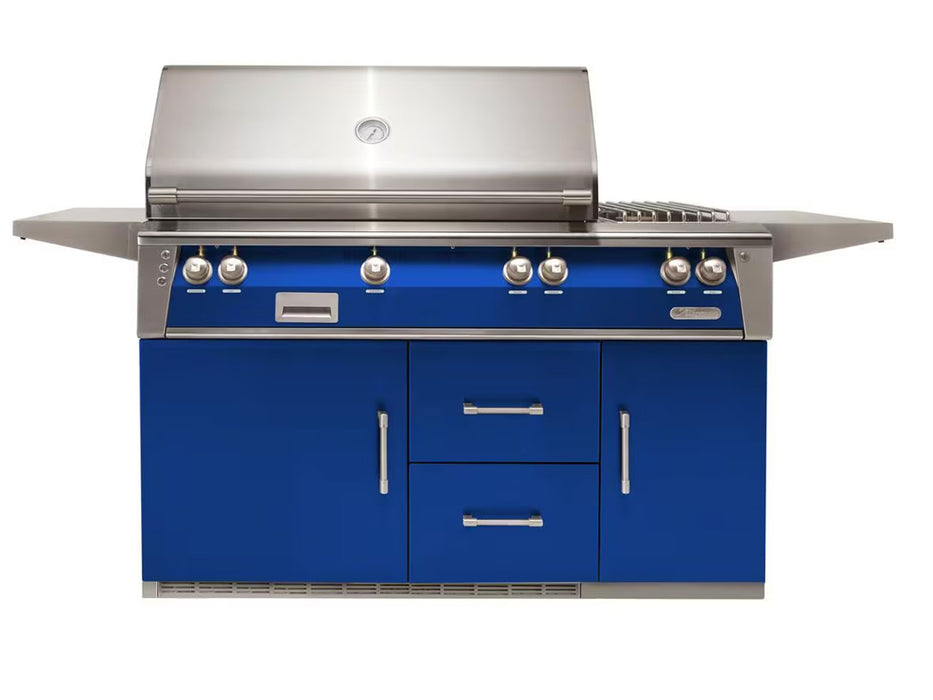 Alfresco ALXE 56-Inch Freestanding Deluxe Grill On Refrigerated Cart With Rotisserie And Side Burner in Ultramarine Blue - ALXE-56R-S5002