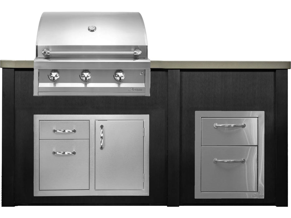 Haven 6 Ft. Outdoor Kitchen Island Brushed Black w/ American Eagle 32-Inch Grill, Access Doors & Two Drawer Unit - HART72DRAWBB-AAEP32