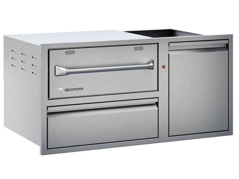 Twin Eagles 42-Inch Built-In 120V Electric Outdoor Warming Drawer with Utility Drawer & Roll-Out Trash/Propane Tank Bin