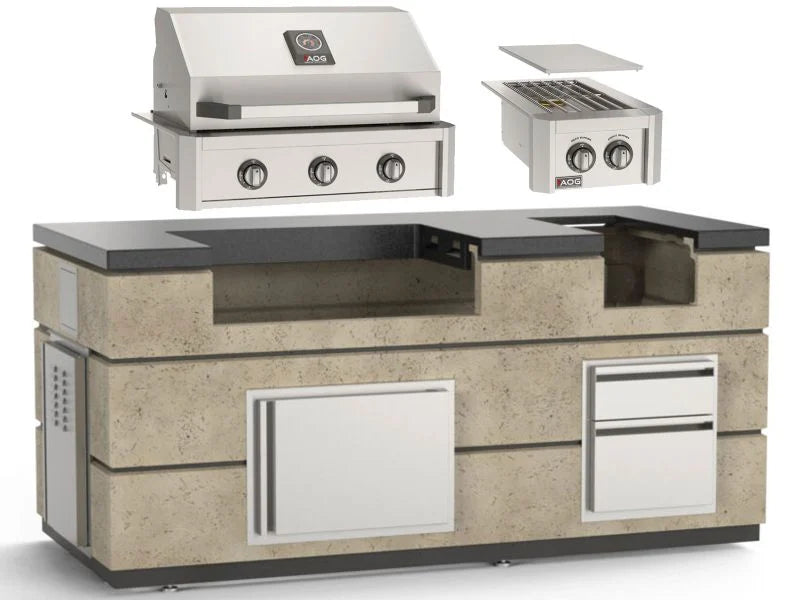 AOG 6 1/2-Foot Complete Island Package with L-Series 30-Inch 3-Burner Built-In Gas Grill & Double Side Burner - Travertine